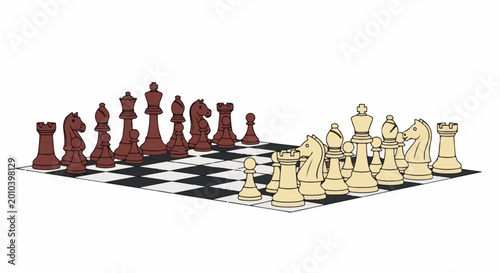 Two sets of chess pieces, one brown, one tan, arranged on a board