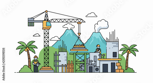 Tropical construction site with cranes, workers, palm trees, and mountains