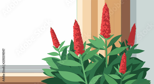 Vivid red flowers bloom against a pale backdrop with vertical panels