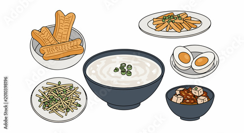 A collection of Asian breakfast dishes, including congee and fried dough sticks