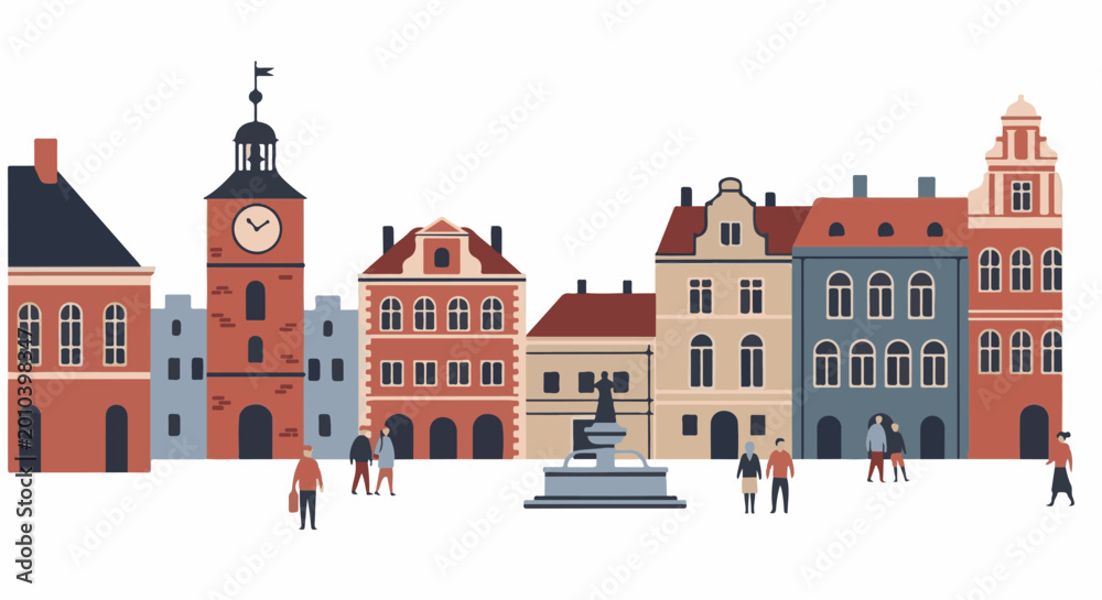 Fototapeta premium Flat illustration of a European town square with clock tower and fountain