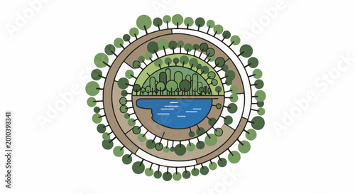 Circular illustration of concentric natural elements with a lake