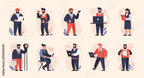 Diverse group of business professionals engaged in various work-related activities