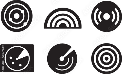 Fotografía Radar scanning icon set black silhouette signal wave screen sweep pulse minimal