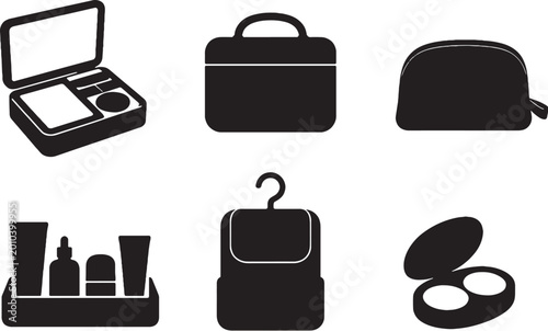 Beauty kit icon set black silhouette cosmetic case makeup bag toiletry pouch minimal vector collection