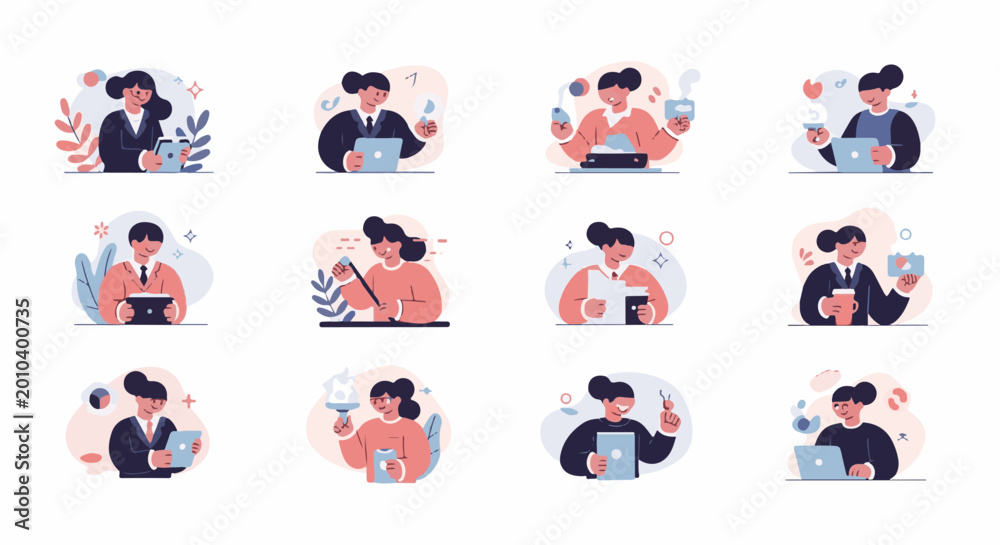 Fototapeta premium Diverse individuals engaged in various modern work-related activities