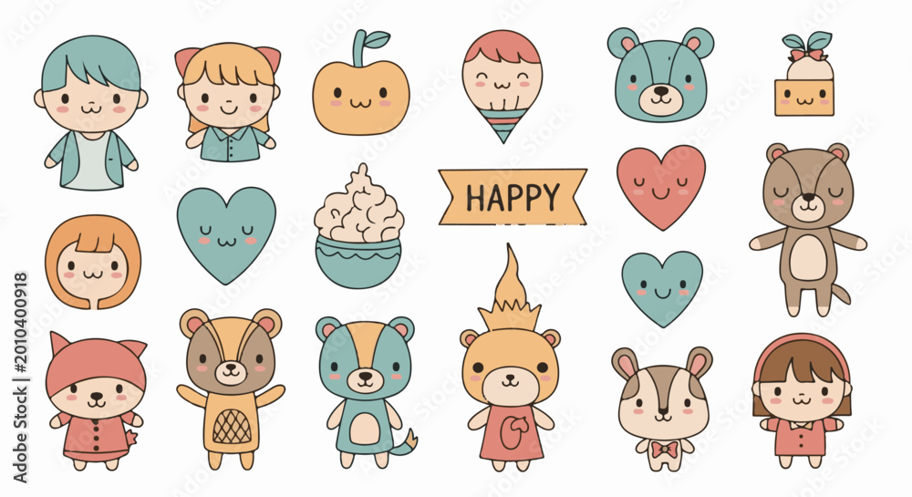Fototapeta premium Collection of cute cartoon characters including animals, people, and food items