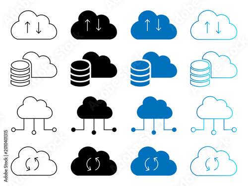 Cloud computing icons set representing data storage network sync and server connectivity in flat style.