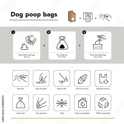 Garbage bag for dog poop user instruction set icons. The outline icons are well scalable and editable. Contrasting elements are good for different backgrounds. EPS10.