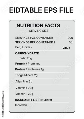 Editable Nutrition Facts Label Template, Food Packaging Nutrition Information Panel, EPS Vector File Design