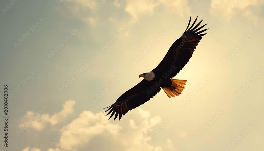Fototapeta premium Bald Eagle Silhouette Flying Across Bright Sky Symbolizing American Freedom