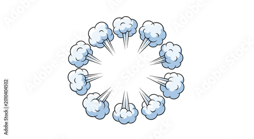 Circular arrangement of stylized blue and white puff clouds with motion lines creates a dynamic frame or ring element.