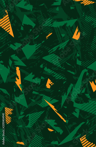 Abstract green and orange grunge pattern featuring layered textures and scattered elements
