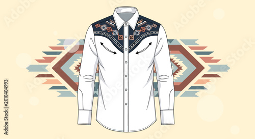 Western style white long-sleeve shirt with ornate embroidery on the yoke and pockets, set against a matching tribal pattern background.