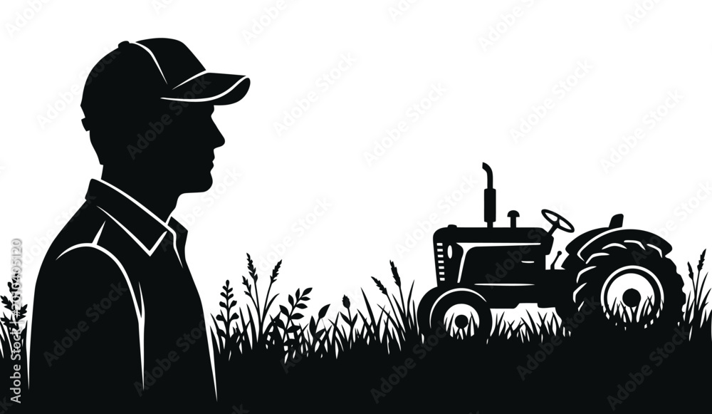 Obraz premium Farmer and tractor silhouette isolated on white background