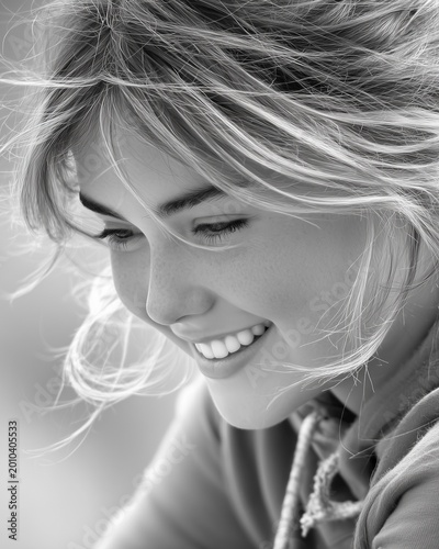 Black and White Portrait of Smiling Young Woman