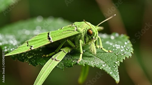 Vibrant Green Leaf Mimicking Moth Resting On A Dew Covered Plant Leaf Macro Shot