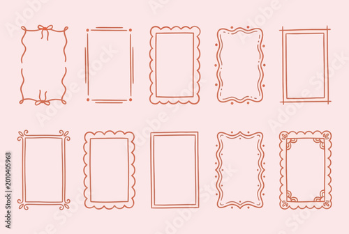 A charming collection of hand-drawn decorative frames featuring ribbon bows, wavy borders, heart accents, and elegant oval and rectangular shapes,pink doodle frames isolated on white background 