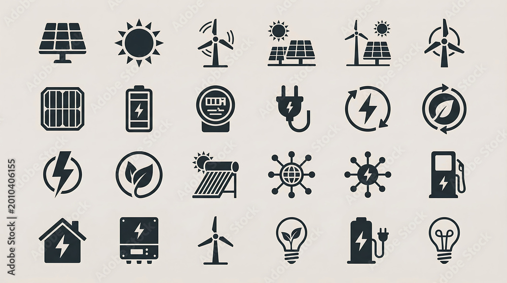 Obraz premium Sustainable energy solutions solar and wind power icons digital graphics green technology minimalist design visual communication