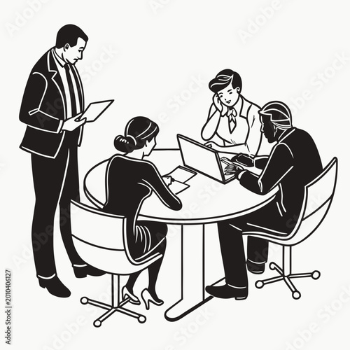 Business man and woman sitting in a cafe working on laptop during a casual meeting illustration