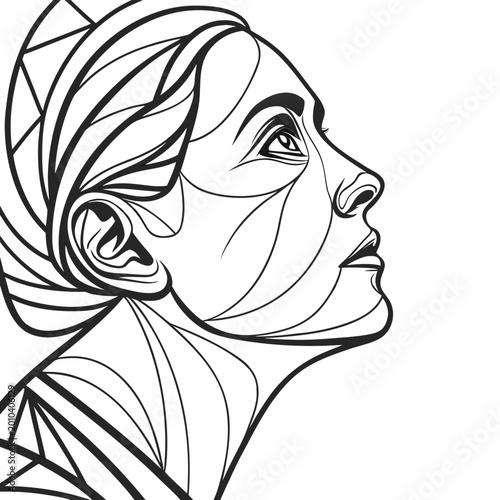 Black and white portrait of a beautiful girl with flowers in hair elegant vector illustration