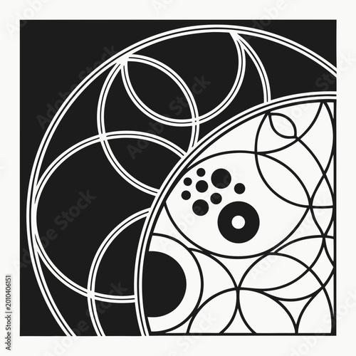 Black and white abstract background with atomic science symbol and circular molecular design illustration