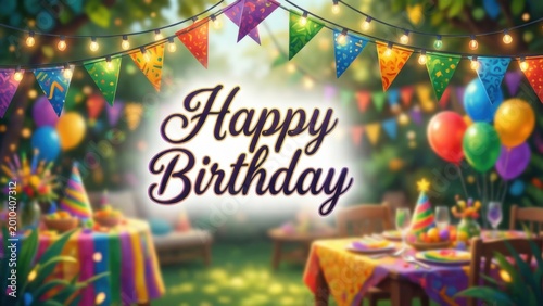 Birthday garden party or Brazilian june party, illustration with garland of lights, party flags, blurred background happy birthday party white background
