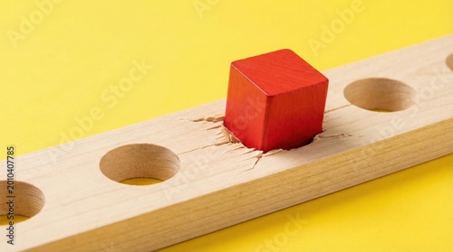 Conceptual image of a red square block forced into a round hole on a wooden plank against yellow background