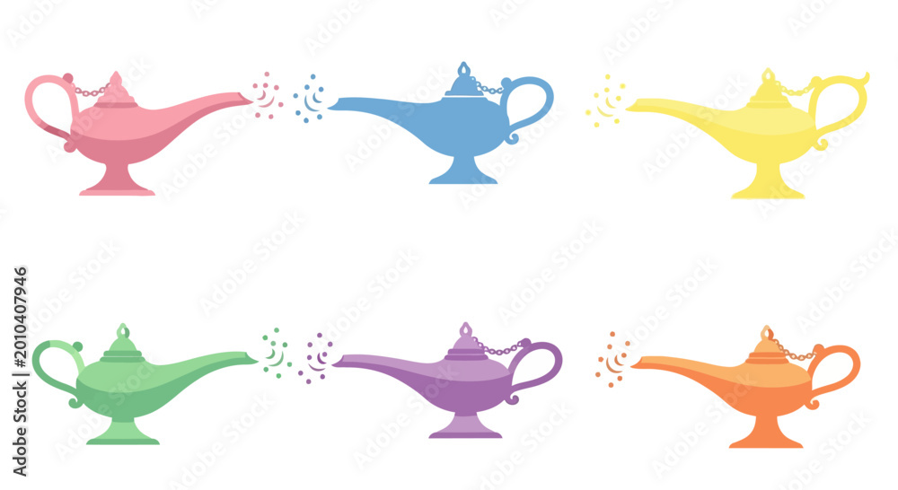Obraz premium Collection of colorful magic genie lamps releasing magical smoke, isolated on white background