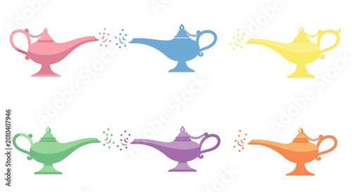 Valokuva Collection of colorful magic genie lamps releasing magical smoke, isolated on wh