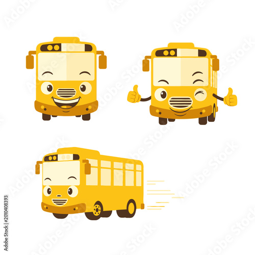 Happy Yellow School Bus Characters with Different Expressions and Poses