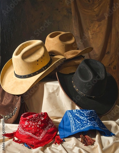 Western style hats and bandanas arranged for a rustic display