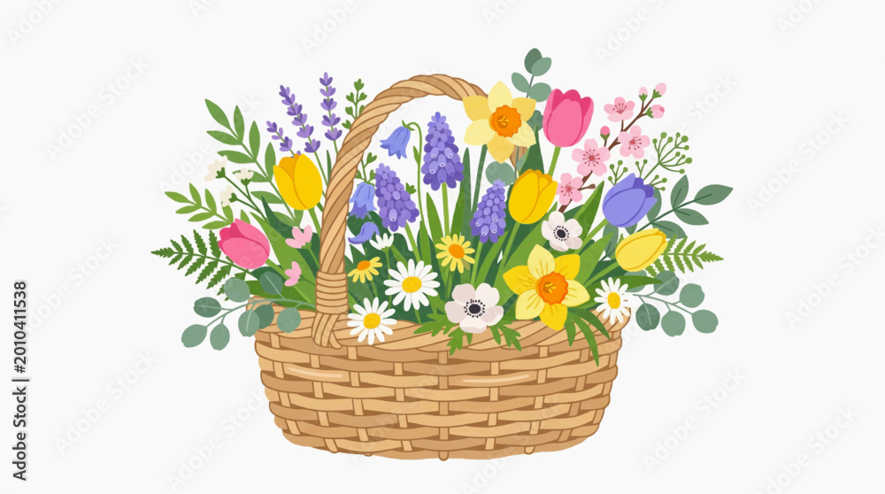 Obraz premium Spring Flower Basket with Tulips Daffodils and Wildflowers Flat 2D Illustration for Mother's Day