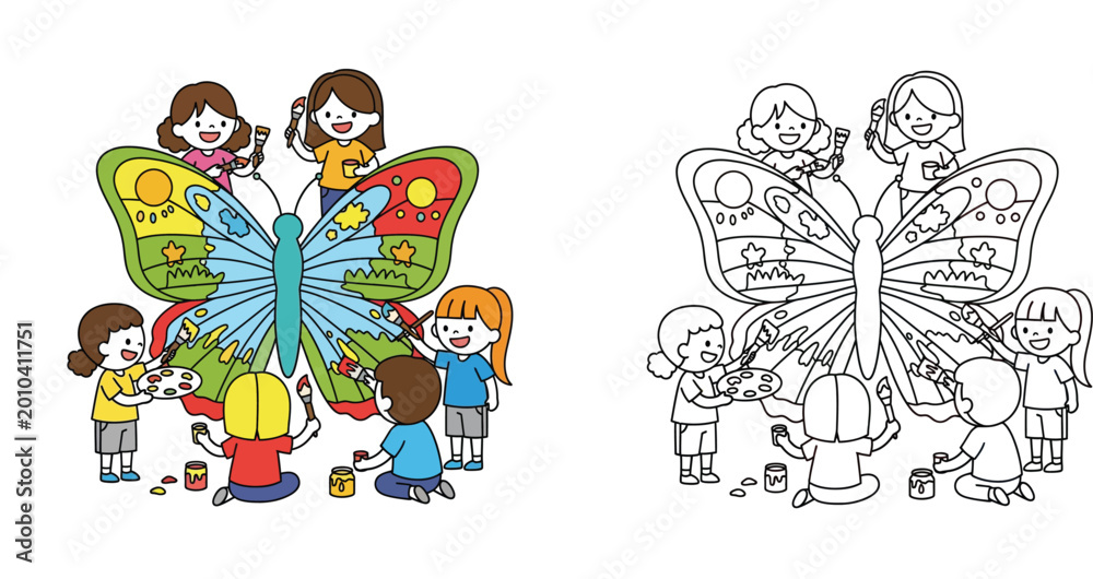 Naklejka premium Children's Creative Butterfly Art: Happy Kids Painting a Giant Colorful Butterfly Together