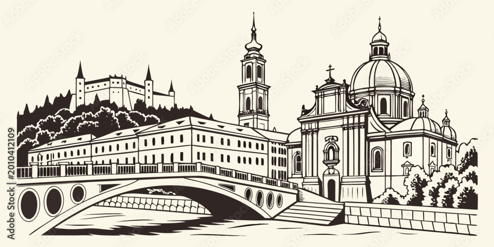Obraz premium Ljubljana City Skyline Vector Art | Castle & Dragon Bridge Silhouette Download