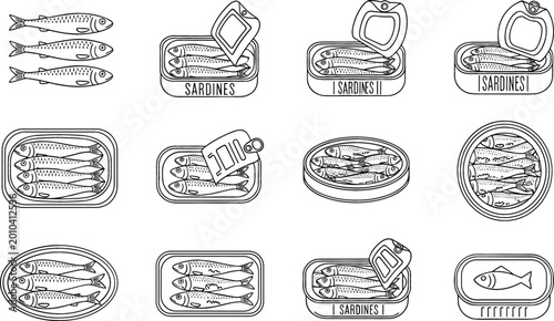 Canned fish and sardines collection with open tins and seafood varieties, detailed black and white engraving style vector illustration for food packaging design