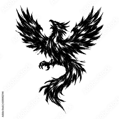 Canvas Print Phoenix Silhouette, Black silhouette of a phoenix with wings spread, rendered in