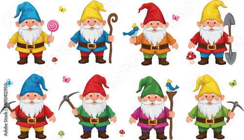 Tablou pe pânză Cute Garden Gnome Character Set with Colorful Hats, Tools, Mushrooms, Birds, and
