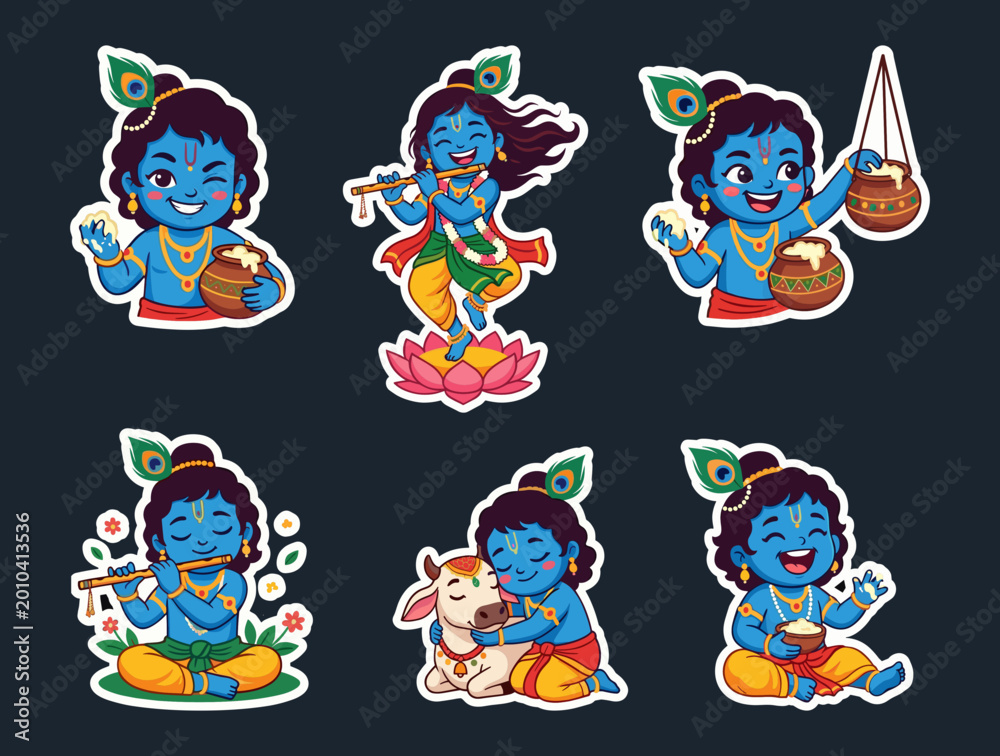 Fototapeta premium Cute Little Krishna Sticker Set, Indian Deity Illustrations