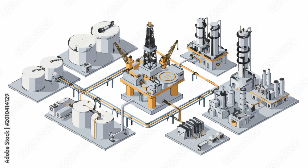 Fotografie Offshore oil rig and refinery complex illustration isometric view