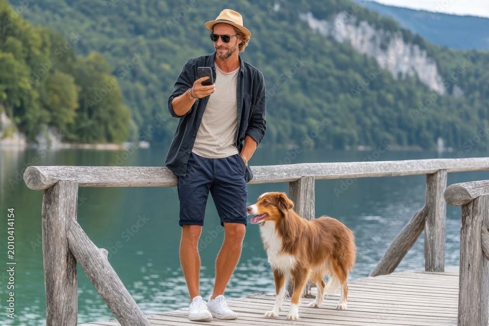 Fototapeta premium Man standing on wooden bridge by lake with dog, relaxed summer stroll and mobile phone