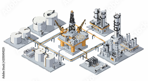 Tableau sur toile Offshore oil rig and refinery complex illustration isometric view
