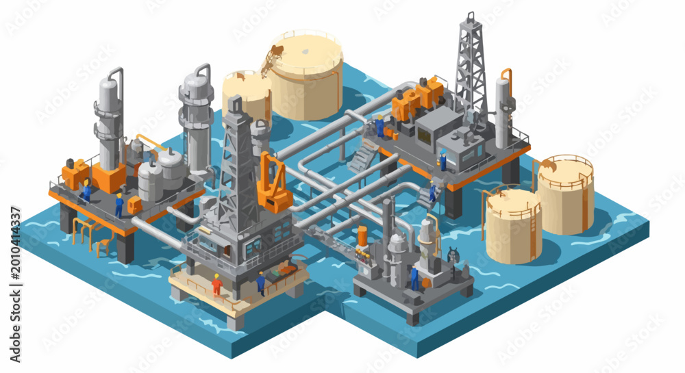 Obraz premium Offshore oil rig platform complex with pipelines and storage tanks.