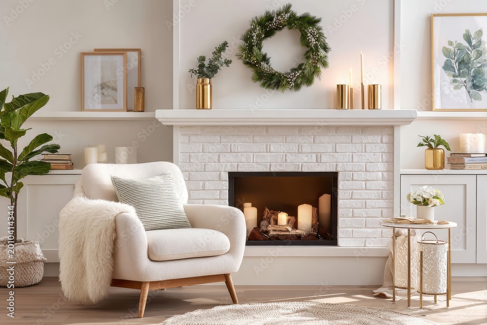 Naklejka premium Cozy minimalist white living room with fireplace, green wreath and gold holiday accents