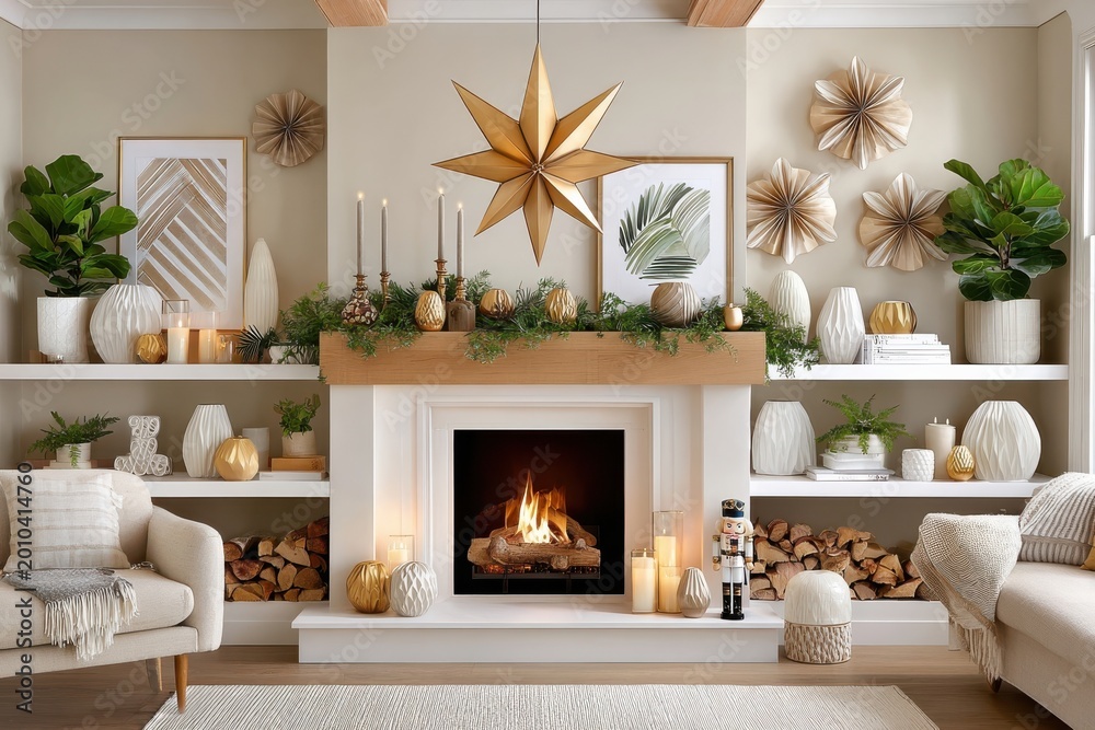 Fototapeta premium Elegant white fireplace decorated for Christmas with cozy mantel display and gold accents