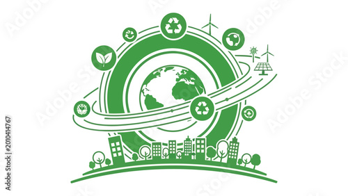Eco-friendly Earth: A visual representation of environmental sustainability, showcasing the globe surrounded by symbols of recycling, renewable energy, and green initiatives.