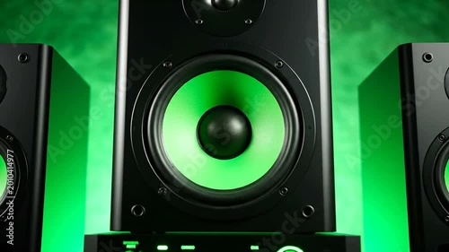 Black speakers with green light.