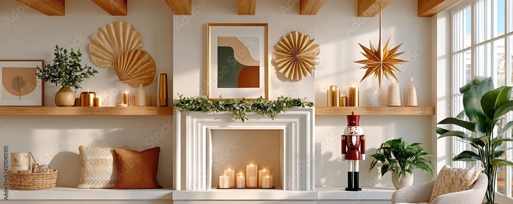 Fototapeta premium Cozy minimalist living room with white fireplace and elegant Christmas mantel decor