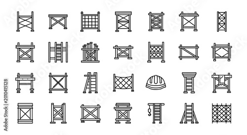 Set of construction scaffolding icons and elements, linear design, industrial equipment, safety equipment and elements, clear background