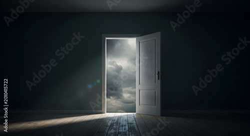 Open door in a dark room leading to a cloudy sky